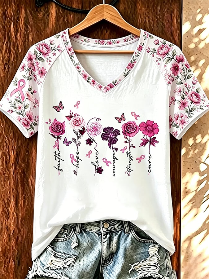 Women's Retro Flower Breast Cancer Awareness Printed T-Shirt