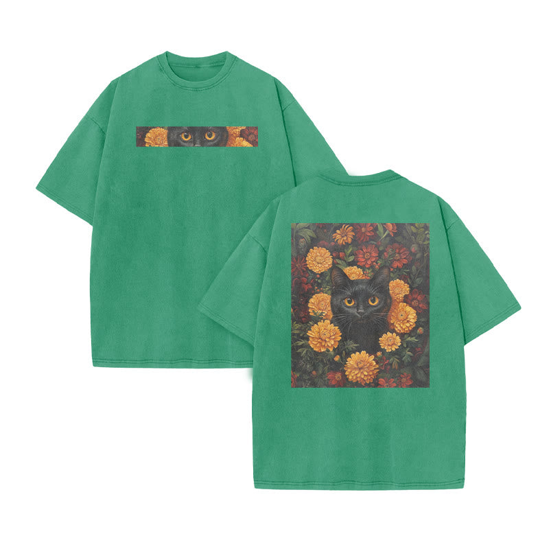 A Black Cat In A Field Of Chrysanthemums Print Acid Washed T-shirt