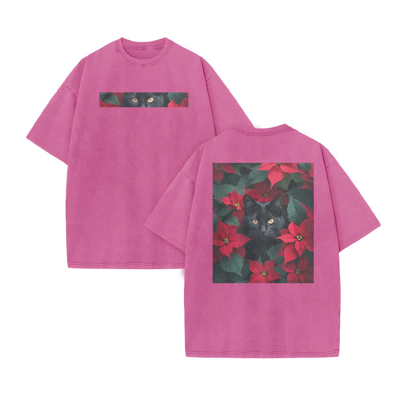 A Black Cat In A Field Of Christmas Flowers Print Acid Washed T-shirt