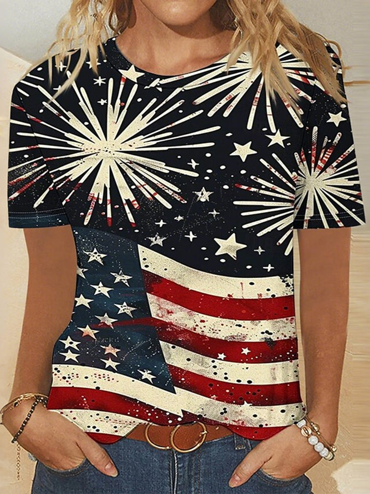 Women's American Patriotic Firework Print Round Neck T Shirt