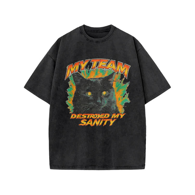 My Team Destroyed My Sanity Black Cat Graphic Print Acid Washed T-shirt