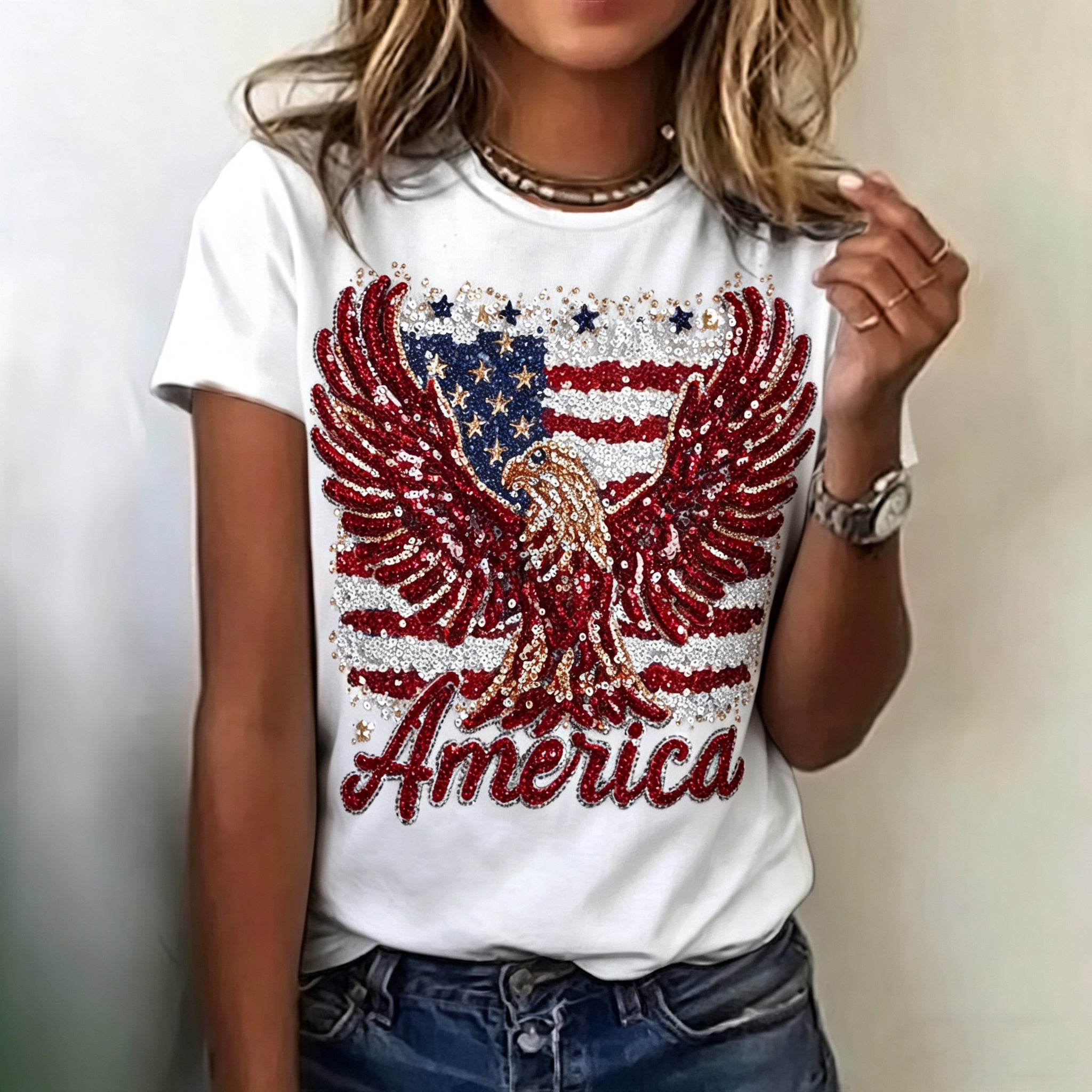 Women's Vintage Independence Day Eagle Theme Pattern Casual T-shirt