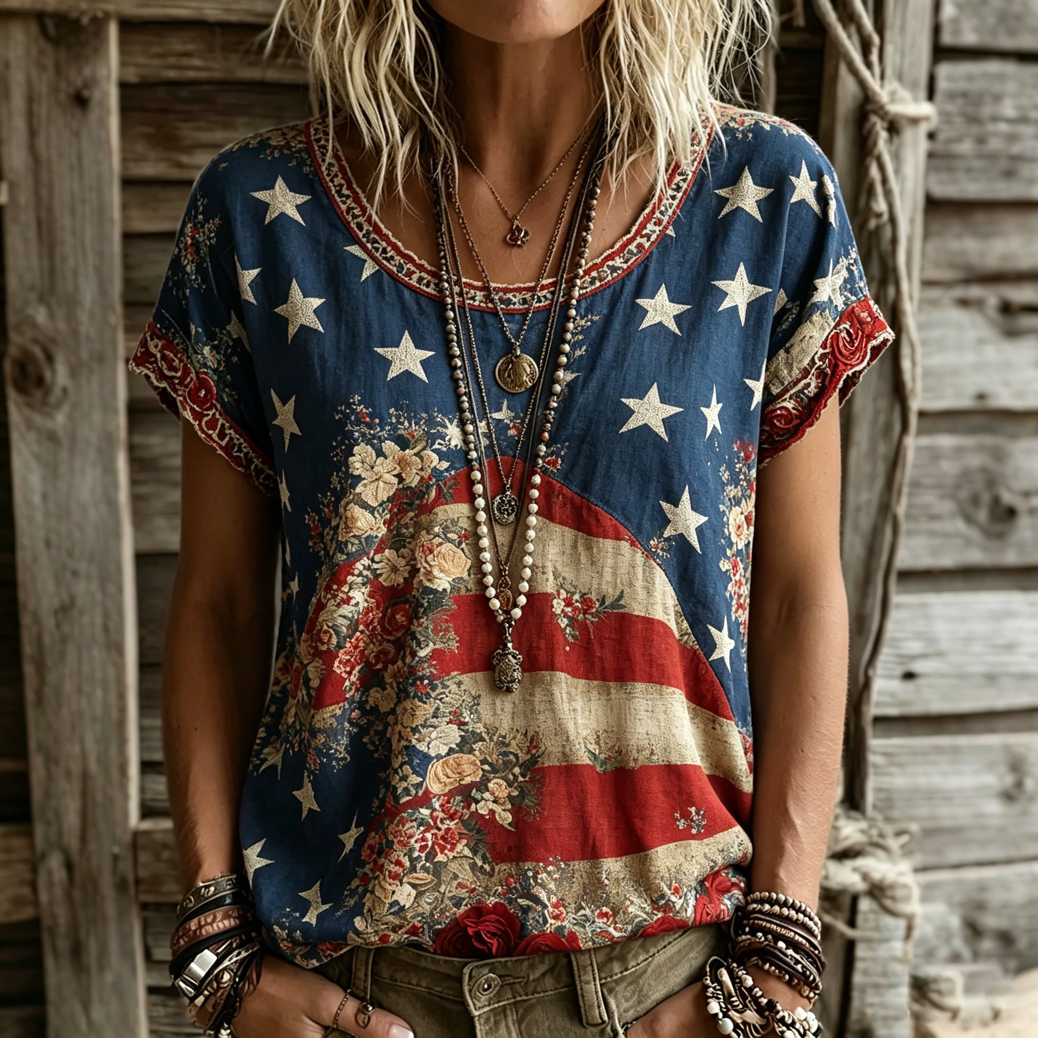 Women's Usa Inspired Floral Linen Blend T-shirt
