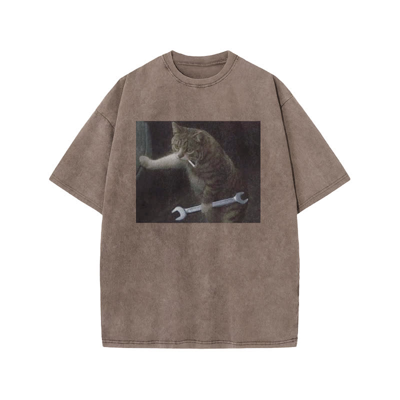 Unisex 100% Cotton Overlord Cat Print Acid Washed T-shirt