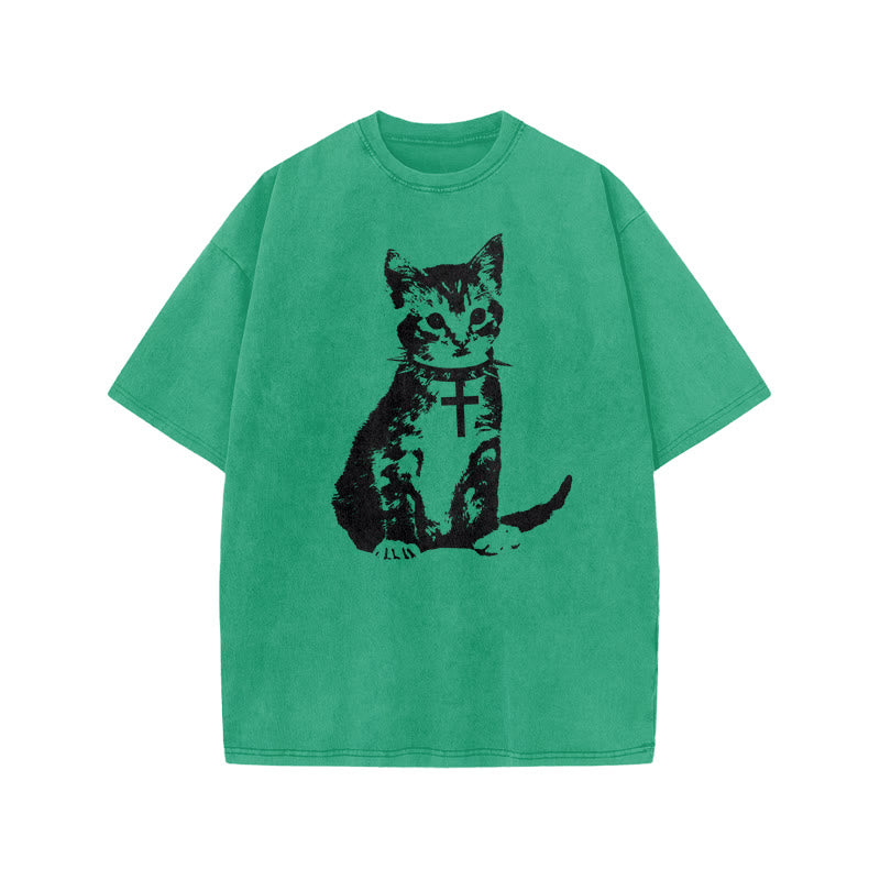 Cat With A Cross Collar Print Acid Washed T-shirt