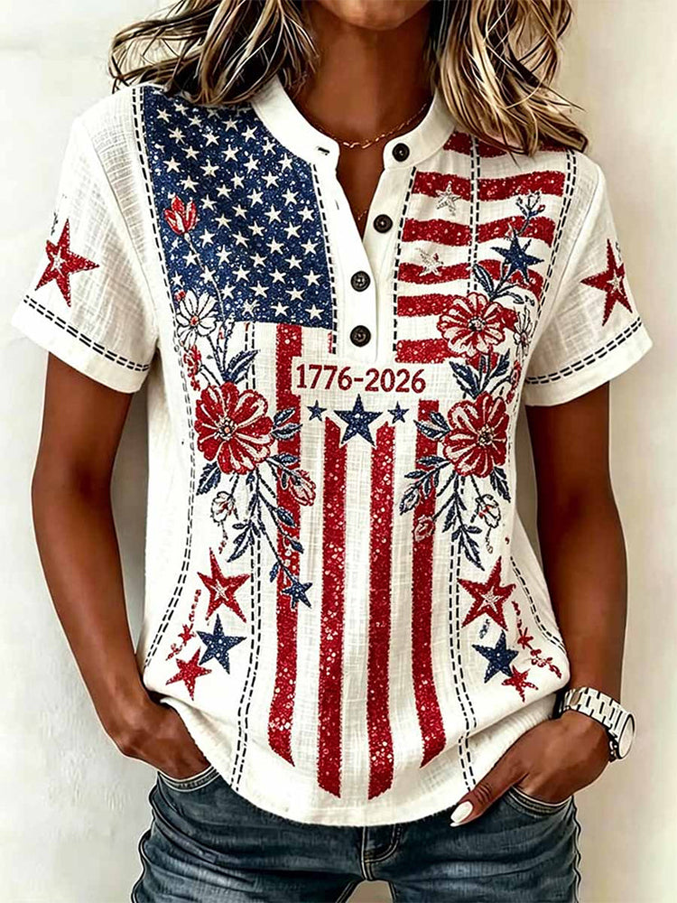 Women's Retro Floral Flag Embroidered Print Linen T-shirt