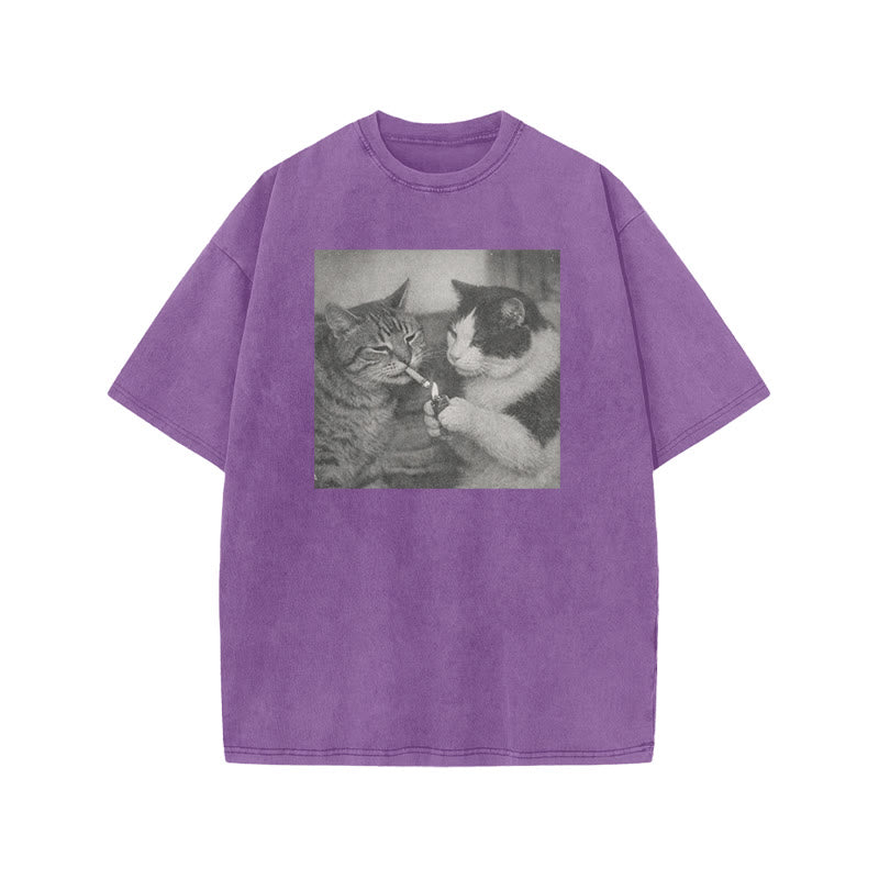 Cow Cat Lighting For Tabby Cat Print Acid Washed T-shirt