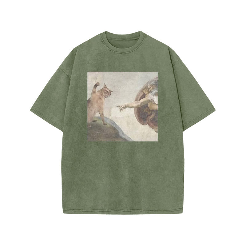 Unisex Oil Painting Cat Print Acid Washed T-shirt