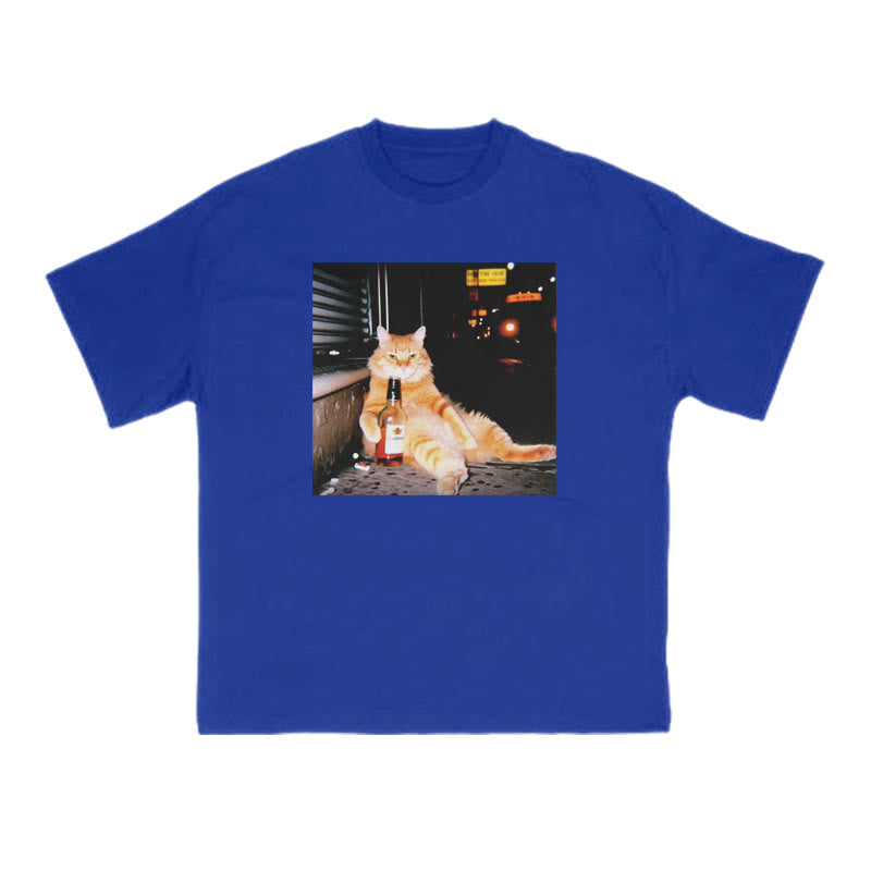 Orange Cat Sipping Beer Print T-shirt