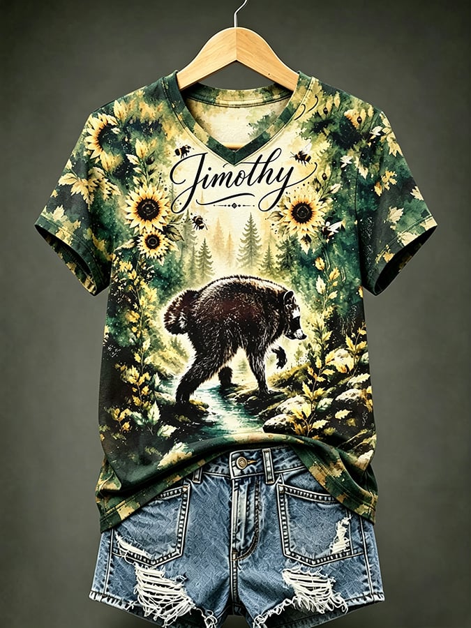 Women's Jimothy Raccoon Print V Neck T-shirt