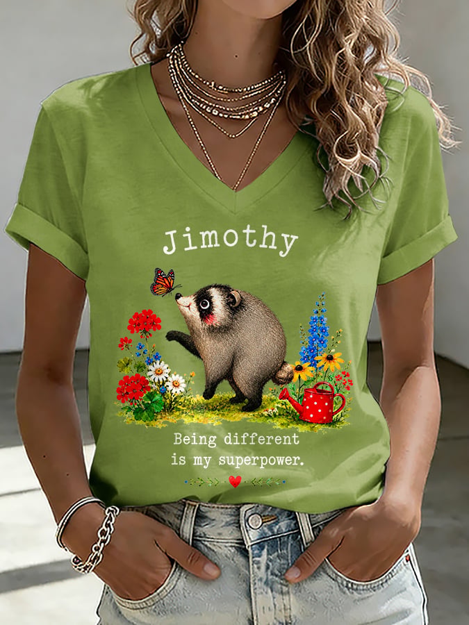 V-Neck Retro Jimothy Raccoon Being Different Is My Superpower Print T-Shirt