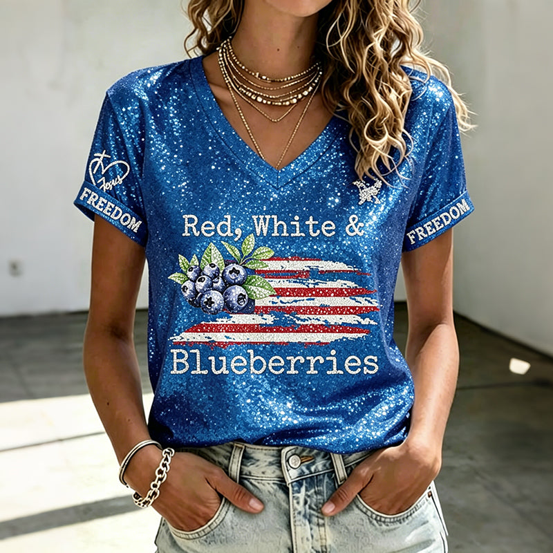 V-neck Retro Independence Day Red, White & Blueberries Freedom Jesus Print T-shirt