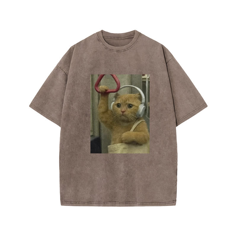 Unisex Cat Riding The Subway Print Acid Washed T-shirt