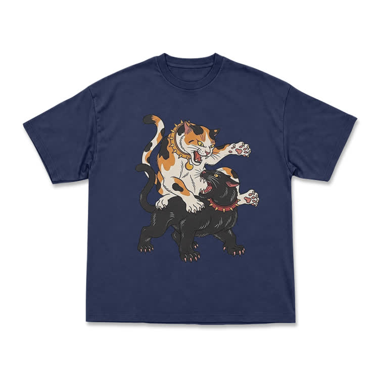 Vintage Cat Clash Graphic Print T-shirt