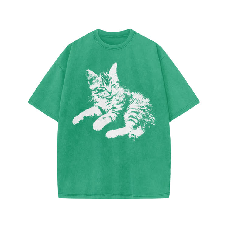 Vintage Cat Graphic Print Acid Washed T-shirt