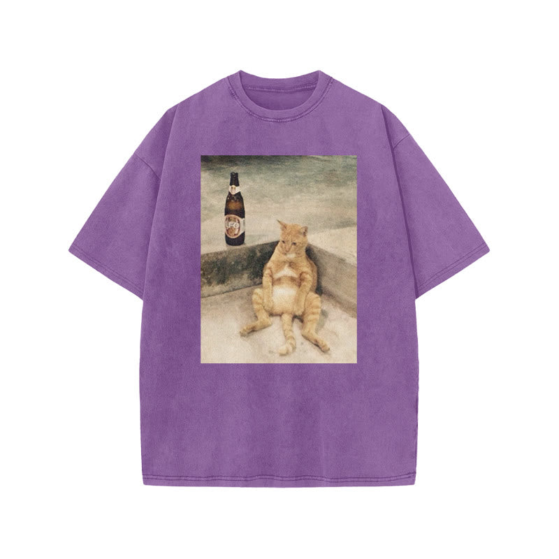 Lazy Cat & Beer Print Acid Washed T-shirt