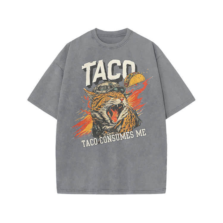 Vintage TACO CONSUMES ME Cat Graphic Print Acid Washed T-shirt