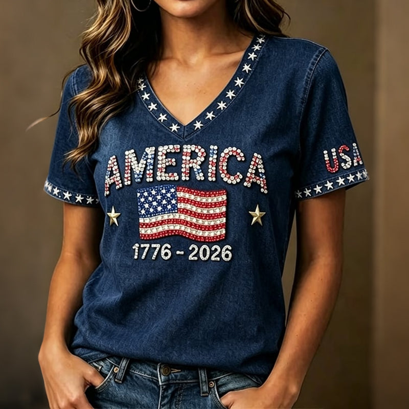 Women's Anniversary Art Print Casual V-neck T-shirt
