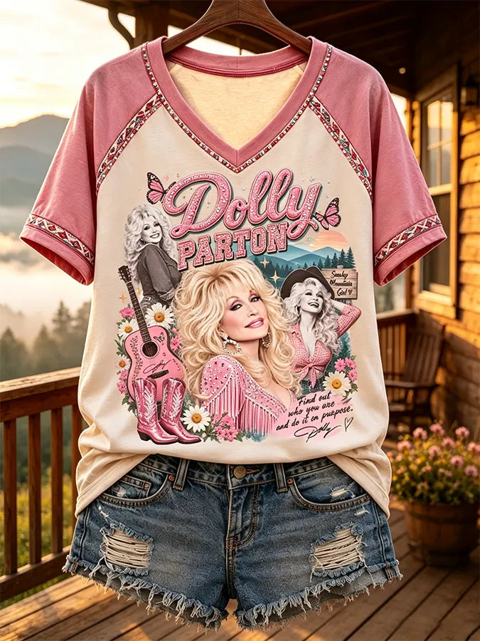 Women's Country Music Legend Tribute Printed V-Neck T-Shirt
