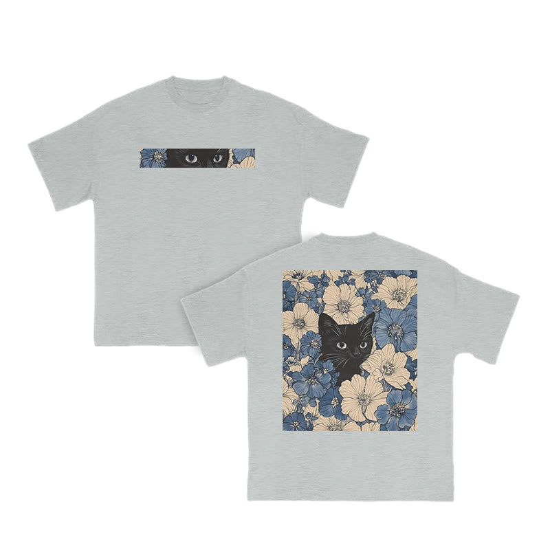 Black Cat In A Patchwork Flower Field Print T-shirt