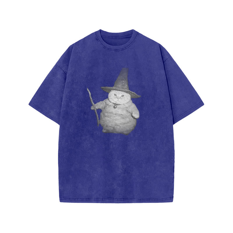 Unisex Wizard Cat Print Acid Washed T-shirt