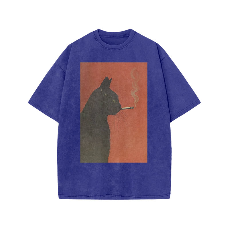 Cool Smoking Black Cat Print Acid Washed T-shirt