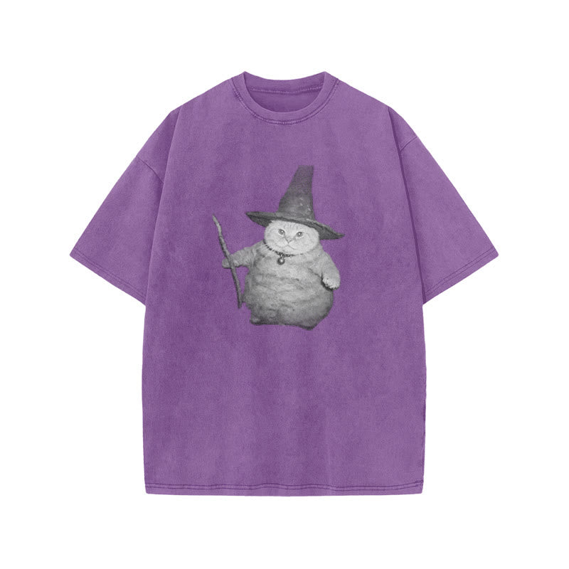 Unisex Wizard Cat Print Acid Washed T-shirt