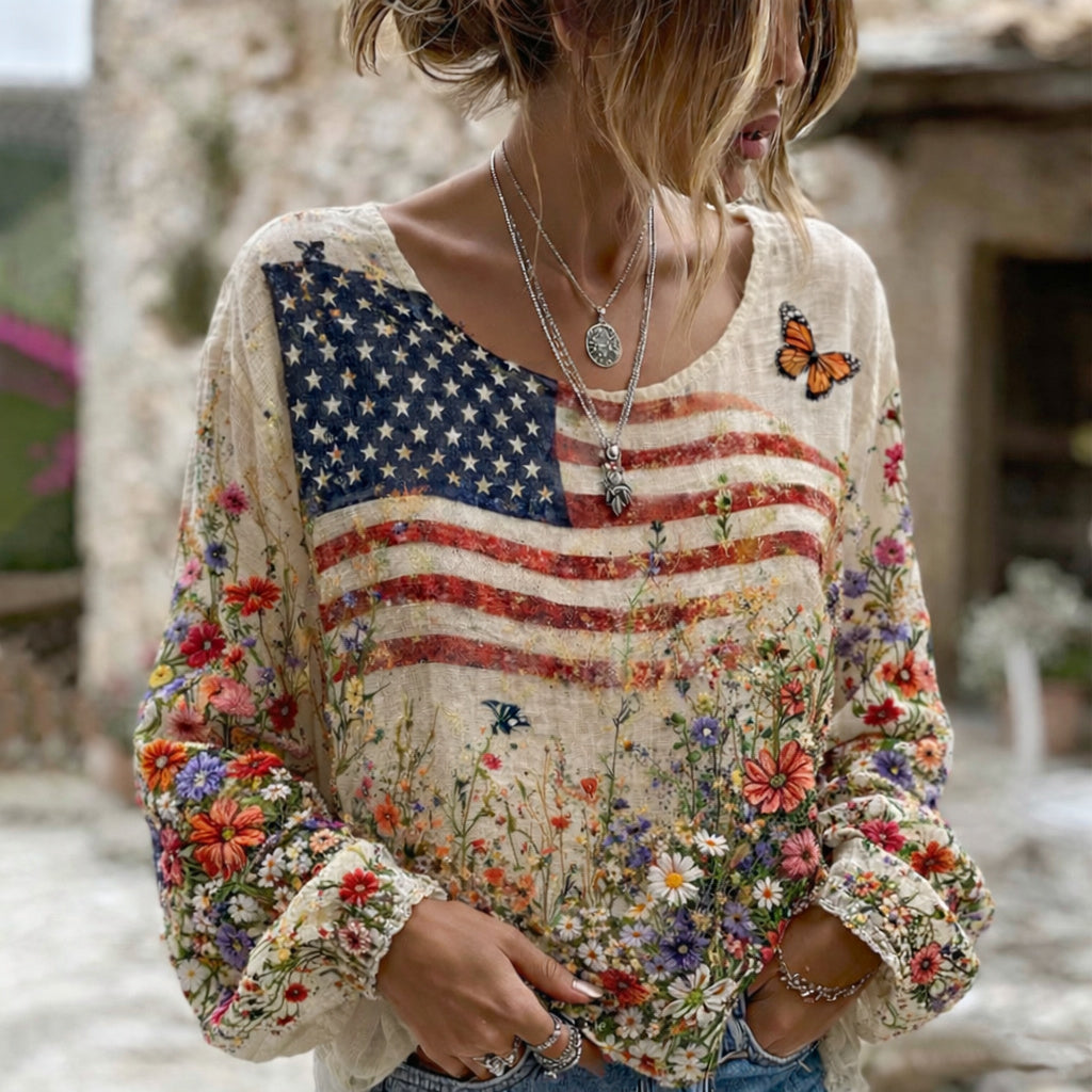 Women's Independent Flag Floral Print Crew Neck Linen Blend T-shirt
