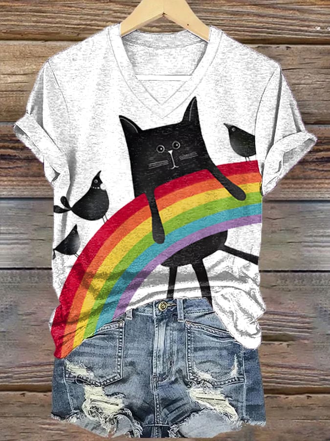 Women's Pride Month Colorful Cat Print V-Neck T-Shirt Top