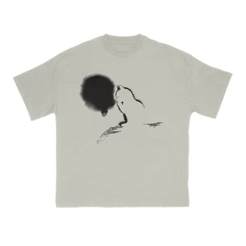 Smoking Cat Full Moon Silhouette Print T-shirt