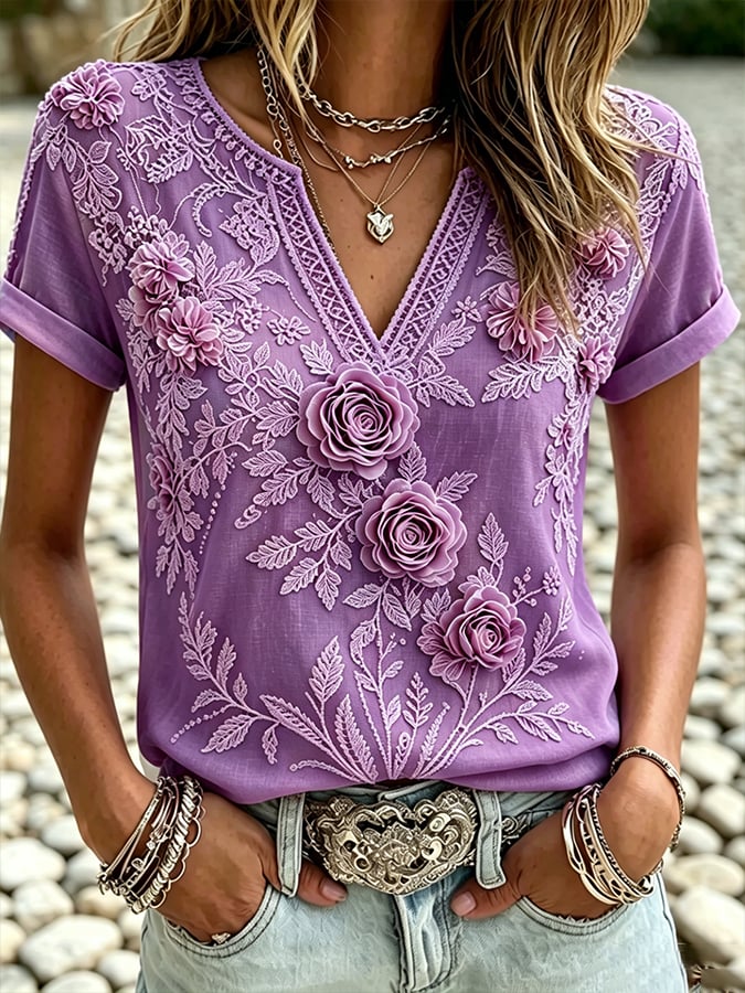 Women's  Pink And Purple Floral Cotton-Linen Print Top
