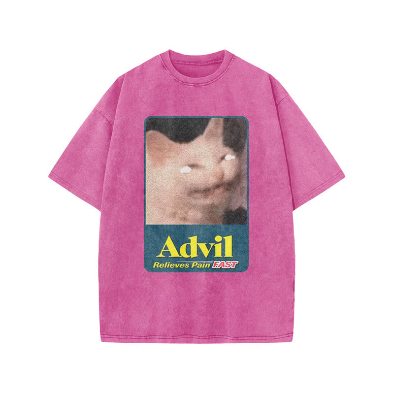 Relieves Pain Fast Crying Cat Funny Print Acid Washed T-shirt