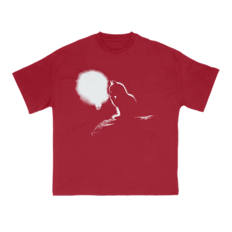 Smoking Cat Full Moon Silhouette Print T-shirt