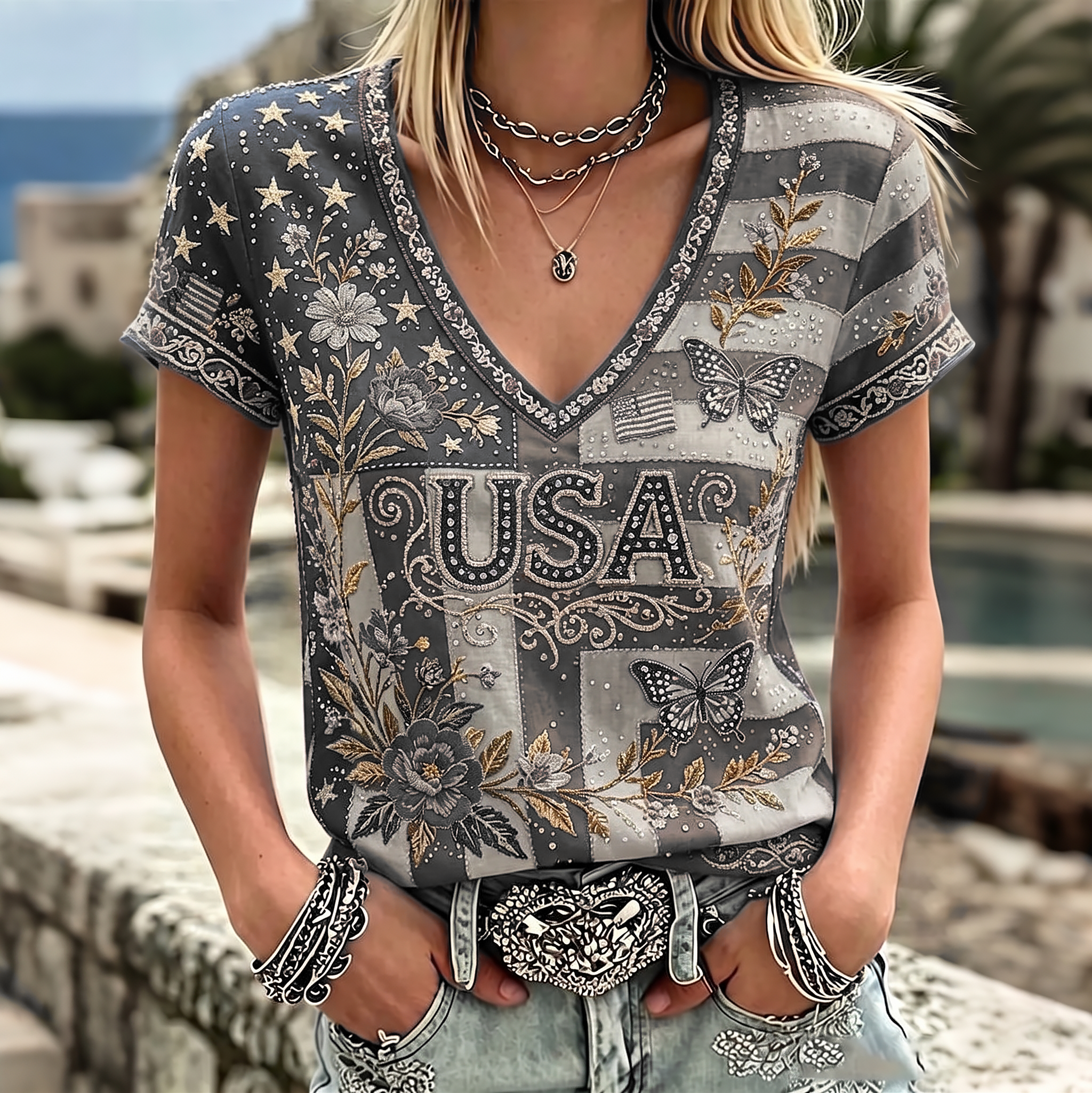 Women's Vintage Anniversary Flag Flower Art Print V Neck Linen Blend T-shirt