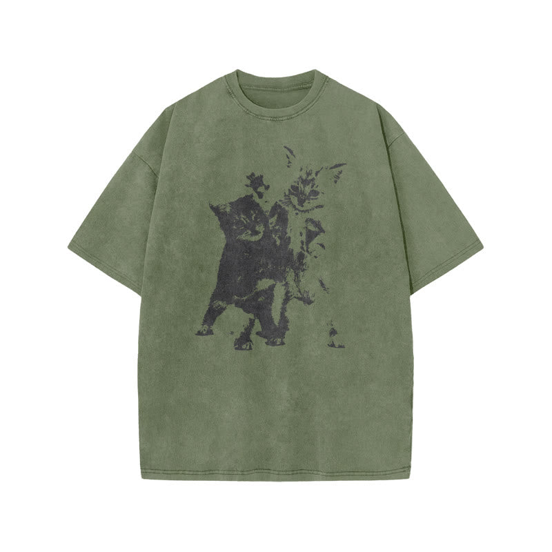Fighting Kittens Print Acid Washed T-shirt