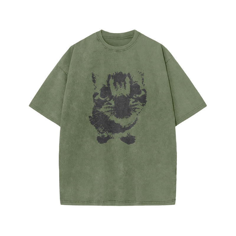 Cute Cat Silhouette Print Acid Washed T-shirt