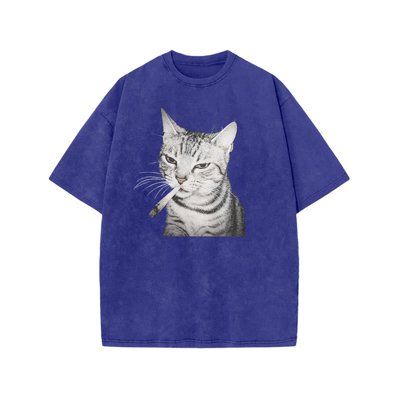 Tabby Cat With A Cigarette In Its Mouth Print Acid Washed T-shirt