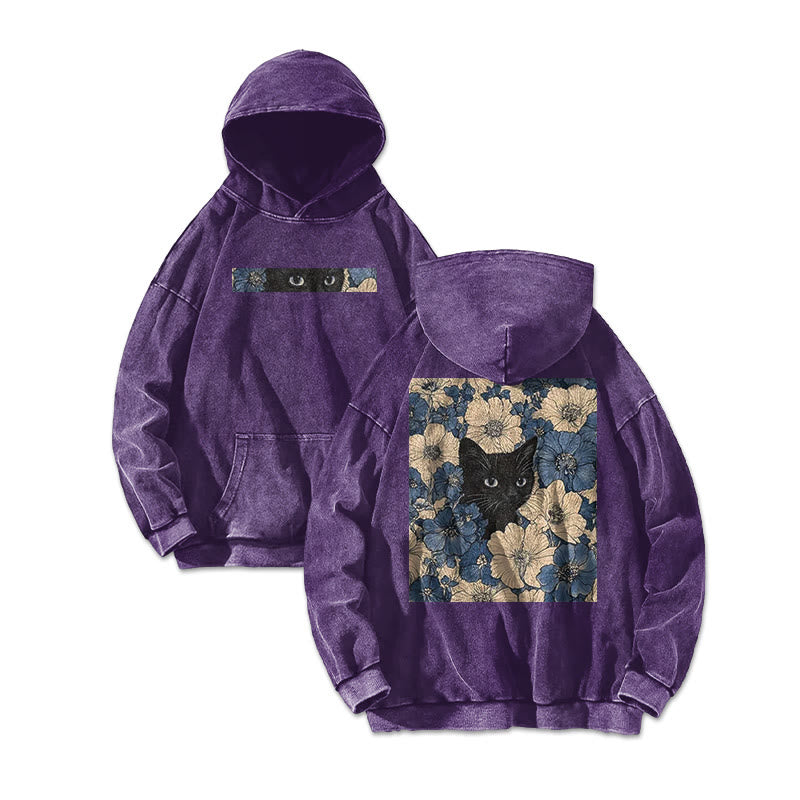 Black Cat In A Patchwork Flower Field Printed Washed Hoodie