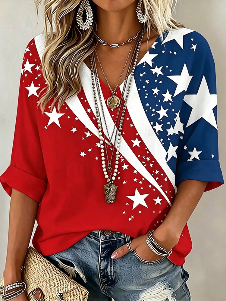 Women's  Flag Art Three-quarter Sleeve V Neck Linen Tops