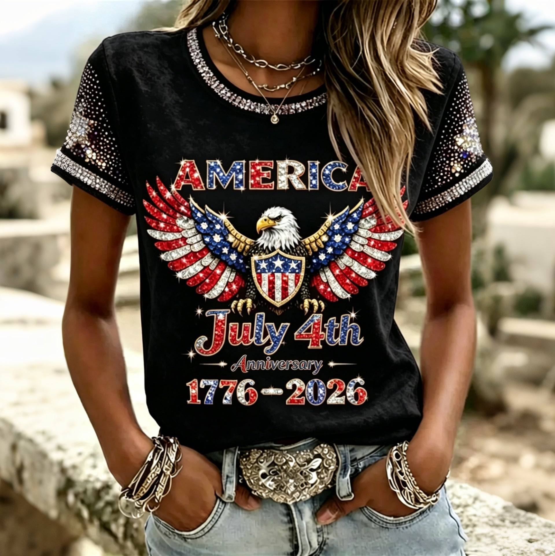 Women's American Anniversary Hot Drill Design T-shirt