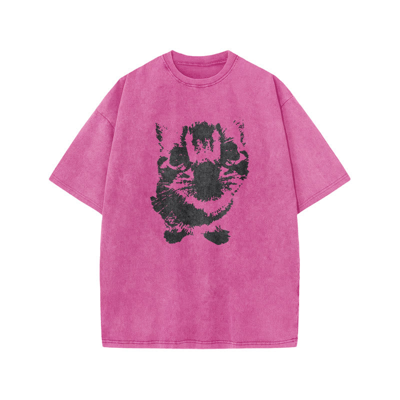 Cute Cat Silhouette Print Acid Washed T-shirt