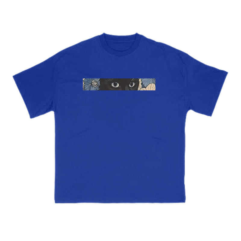 Black Cat In Flower Field Print T-shirt