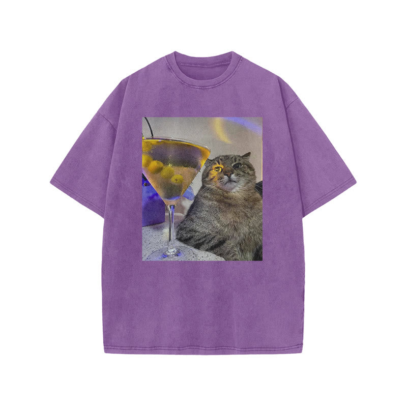 Tipsy Cat & Cocktail Print Acid Washed T-shirt