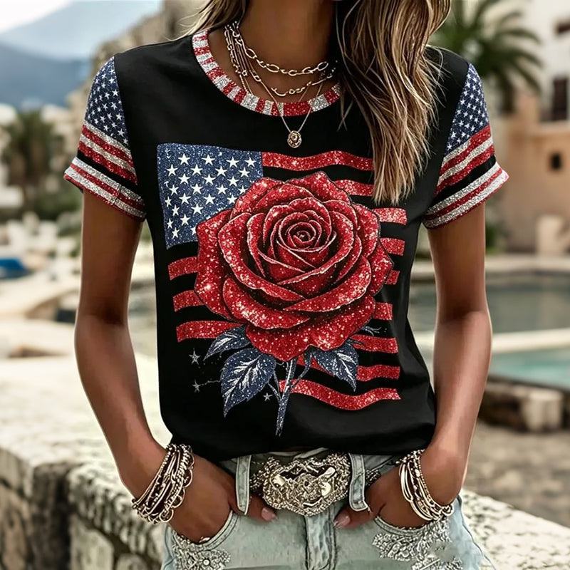 Women's Retro Flag And Rose Pattern Casual T-shirt