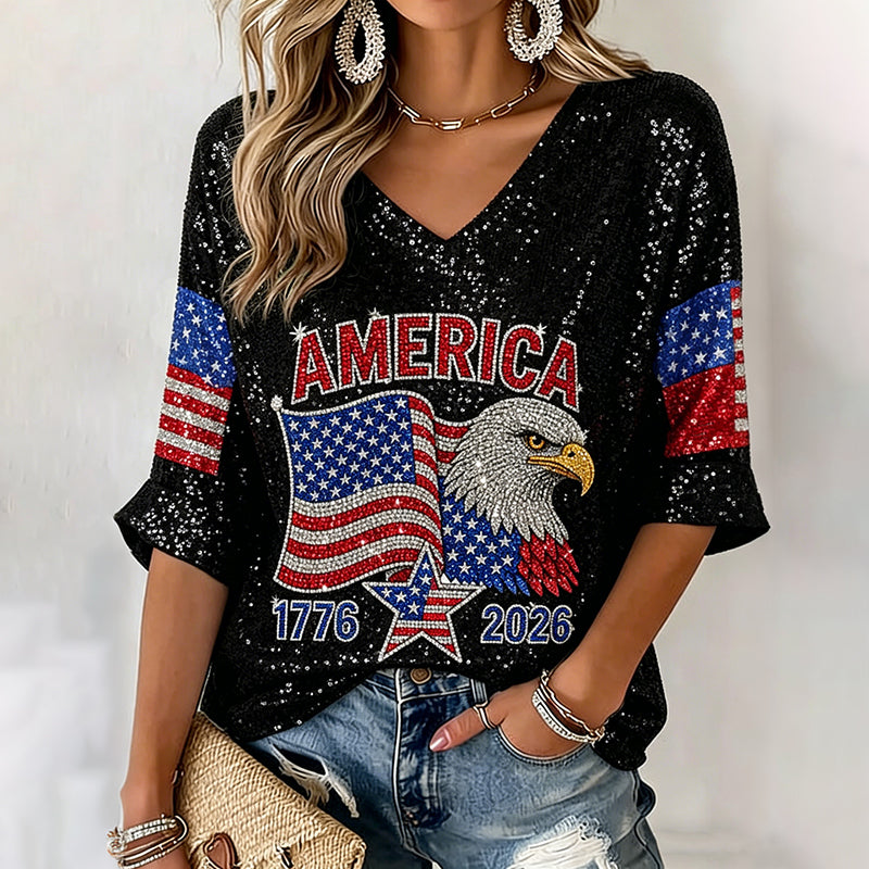 Women's Retro Usa Independent Pattern Casual T-shirt