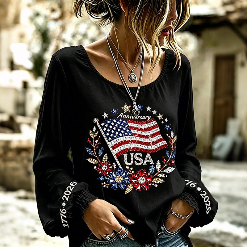 Women's Usa Anniversary Sequins Print Round Neck T-shirt