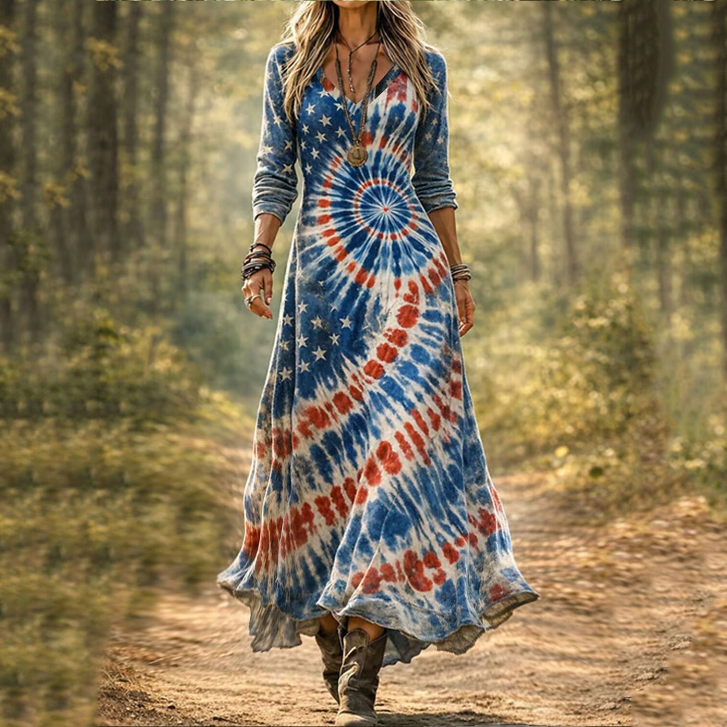 Women's Vintage Floral Independence Day Flag Art Print Dress