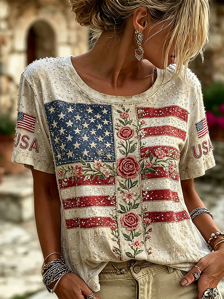 Women's American Flag And Cross Art Embroidered Cotton Linen Distressed Crew Neck Top
