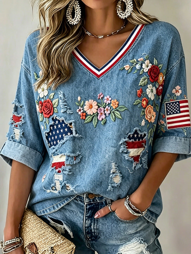 Women's Vintage Independence Day Flag Flower Art Print V-neck T-shirt