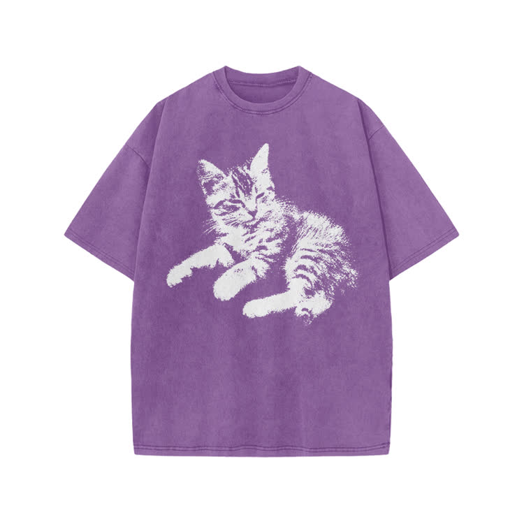 Vintage Cat Graphic Print Acid Washed T-shirt